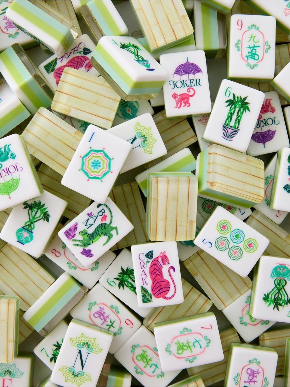 Palm Royal Green Mahjong Tiles Set - Pink & Blue Accents
